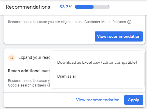 How to dismiss the recommended settings