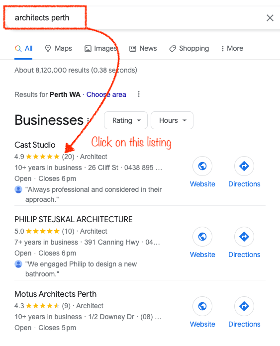 screenshot of Google result for 'architects perth'