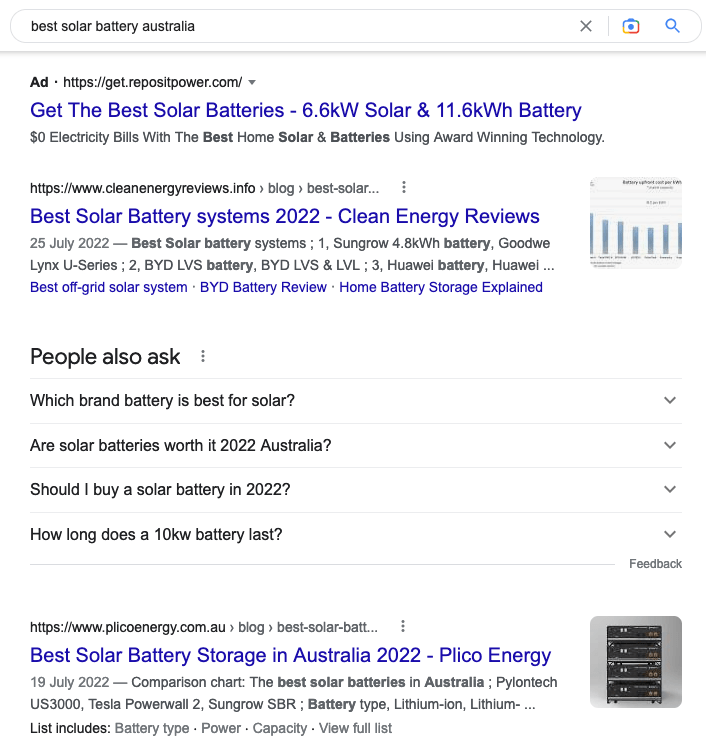 Google search results snapshot for 'best solar battery australia'