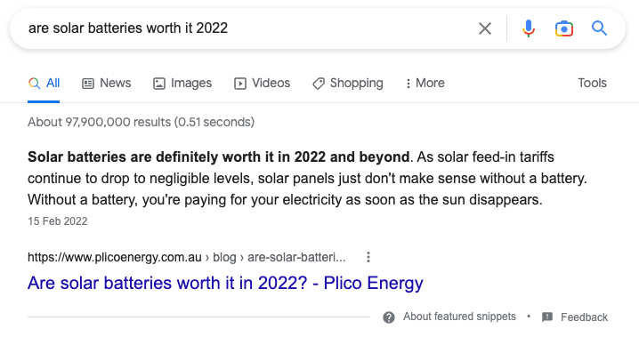 Google featured snippet for 'are solar batteries worth it 2022'