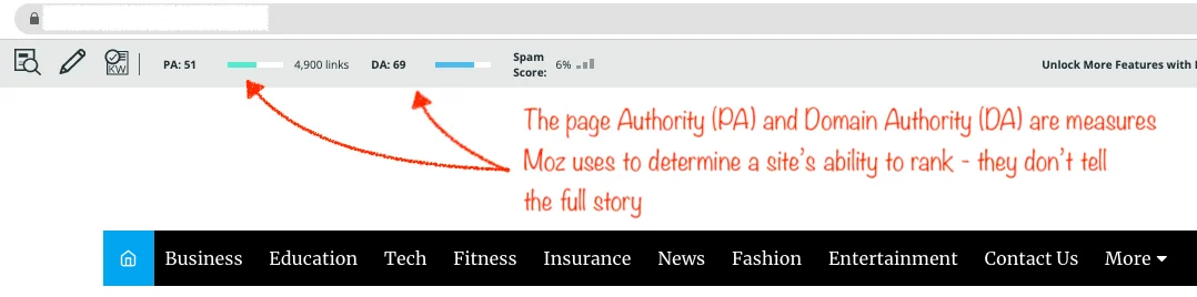 Screenshot showing Moz page and domain authority metrics for a link farm