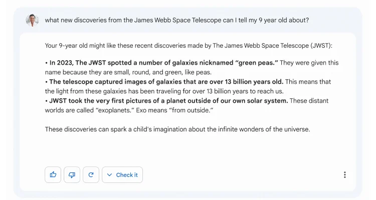 Google AI chatbot Bard's James Webb Space Telescope incorrect answer