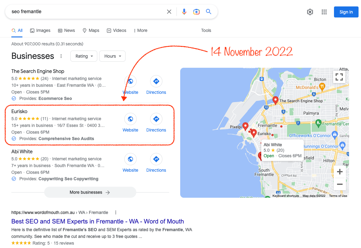 Google Maps listings for 'seo fremantle' 14 November 2022